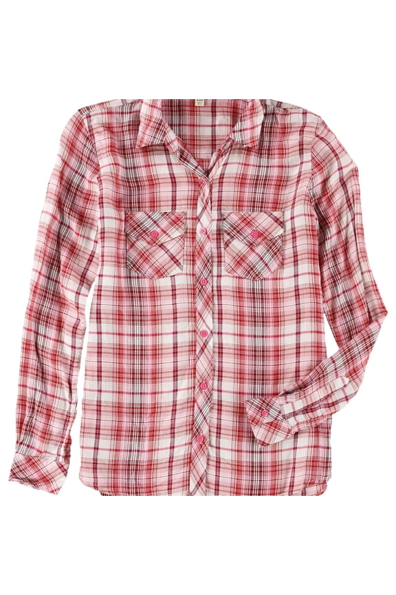 Womens Plaid Button Up Shirt, Pink, XX-Small