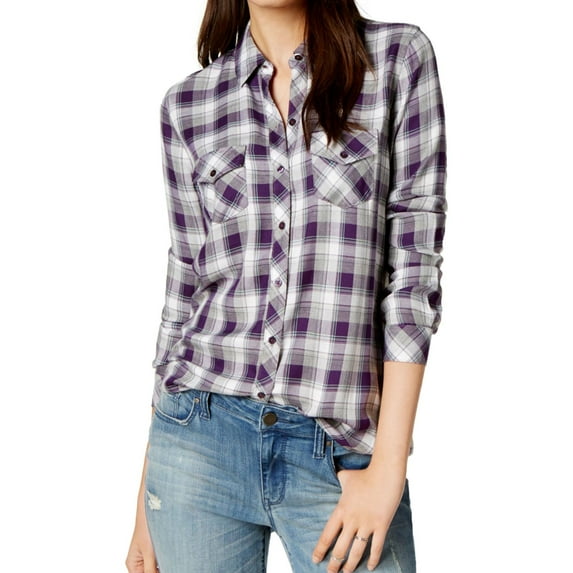 maison Jules Womens Plaid Button Up Shirt, Purple, XX-Small