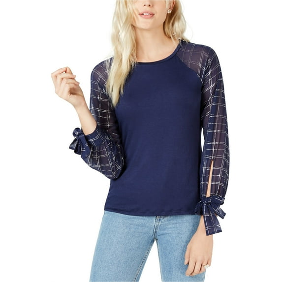 maison Jules Womens Plaid Sleeve Knit Blouse, Blue, X-Small