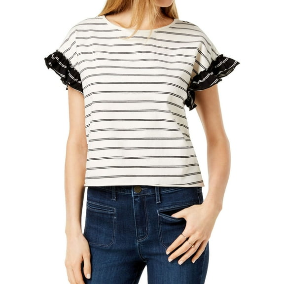 maison Jules Womens Ruffle Embellished T-Shirt, Off-White, Large