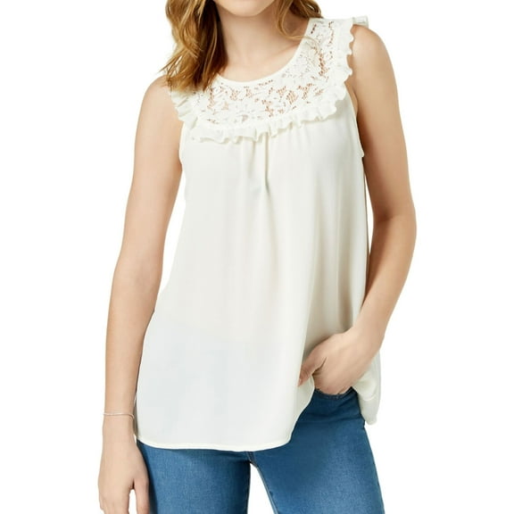 maison Jules Womens Ruffle Lace Pullover Blouse, Off-White, Small