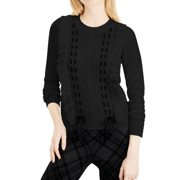 maison Jules Womens Ruffle Lace Pullover Sweater, Black, Small