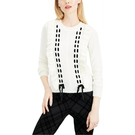 maison Jules Womens Ruffle Lace Pullover Sweater, Off White, XX-Small