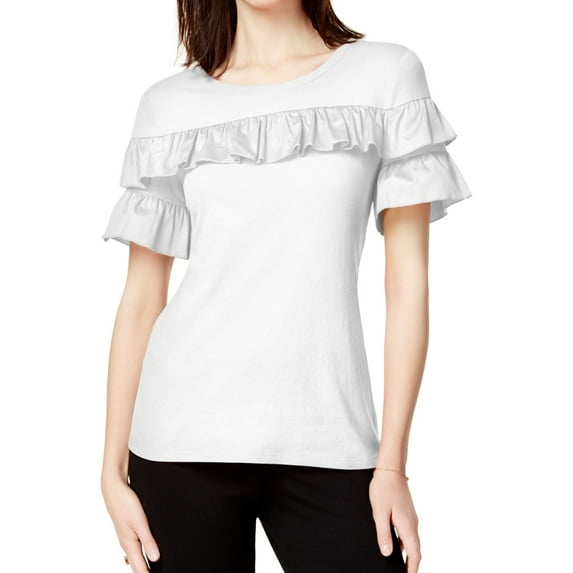 maison Jules Womens Ruffled Basic T-Shirt, Off-White, Small
