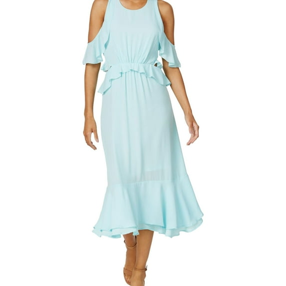 maison Jules Womens Ruffled Cold-Shoulder Midi Dress, Blue, X-Large