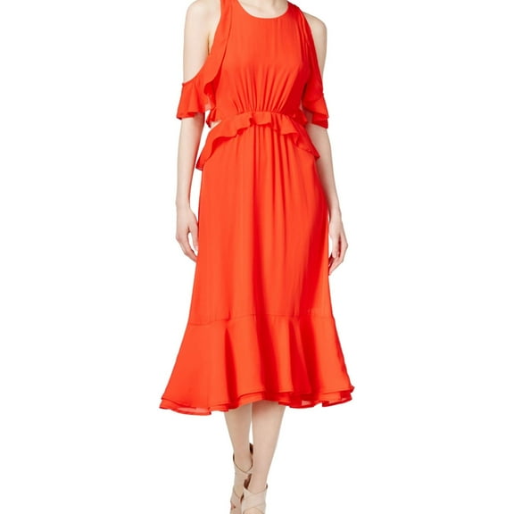 maison Jules Womens Ruffled Cold-Shoulder Midi Dress, Red, Large