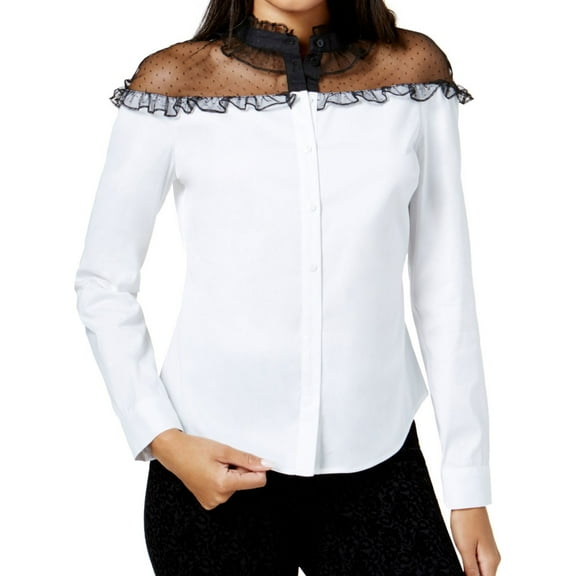 maison Jules Womens Ruffled Illusion Contrast Button Up Shirt, White, X-Small