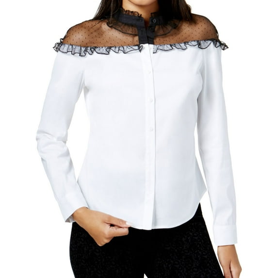 maison Jules Womens Ruffled Illusion Contrast Button Up Shirt, White, X-Small