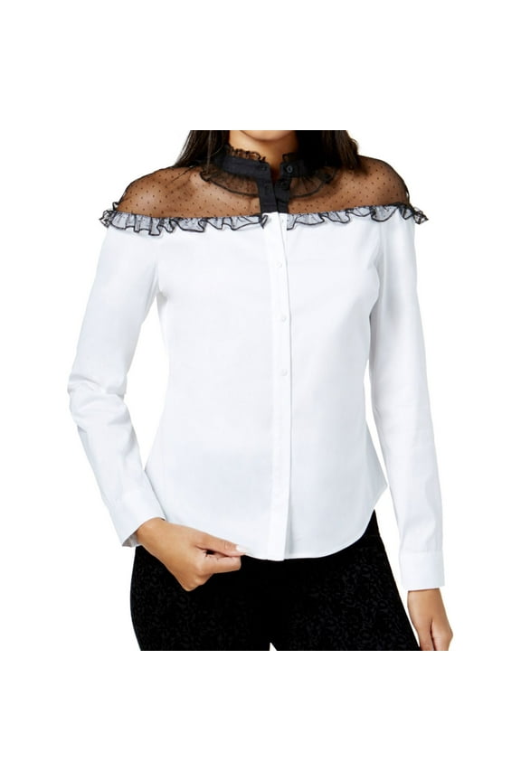 Womens Ruffled Illusion Contrast Button Up Shirt, White, XX-Small