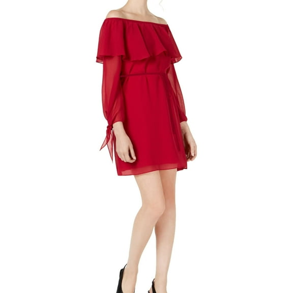 maison Jules Womens Ruffled Off The Shoulder Shift Dress, Red, Small