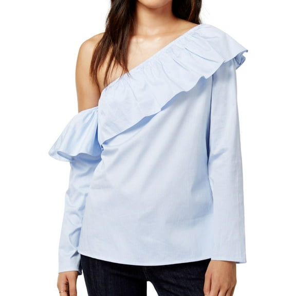 maison Jules Womens Ruffled One Shoulder Blouse, Blue, XX-Large