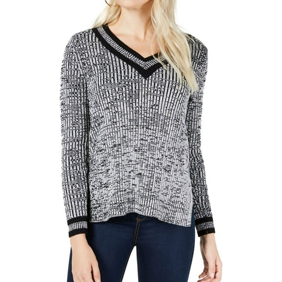 maison Jules Womens Striped Trim Pullover Sweater, Black, X-Large