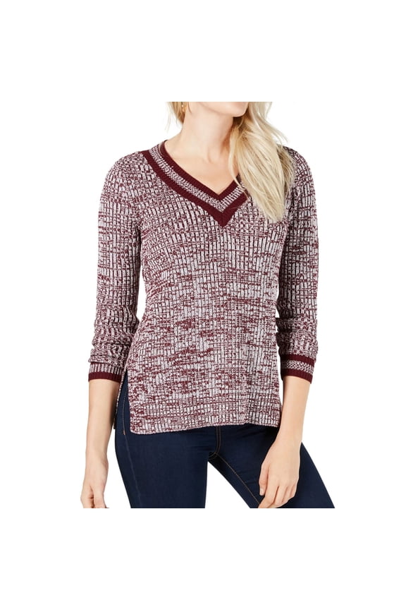 Womens Striped Trim Pullover Sweater, Red, X-Small