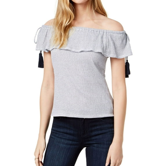 maison Jules Womens Tassle Off the Shoulder Blouse, White, Large