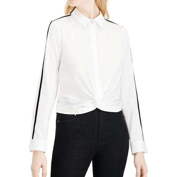 maison Jules Womens Twist Front Button Down Blouse, White, Large