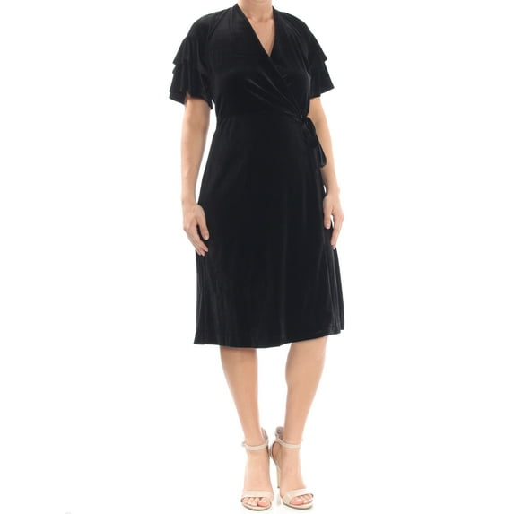 MAISON JULES Womens Black Ruffled Velvet Short Sleeve V Neck Knee Length Wear To Work Wrap Dress S