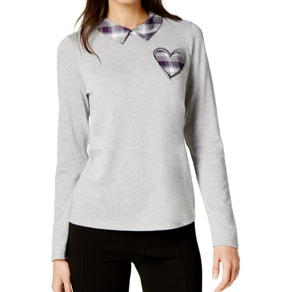 maison Jules Womens laid Heart Collared Knit Blouse, Grey, X-Small