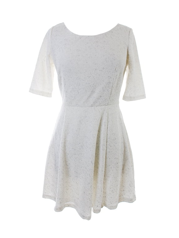 elbow-sleeve foiled flared dress, large, ivory