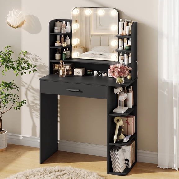 makeapile 31"W Small Vanity Desk with Mirror and Lighting Compact vanity featuring 8 open shelves, 1 drawer, and 3 lighting color options Girls' bedroom vanity, Black