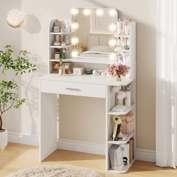 makeapile 31"W Small Vanity Desk with Mirror and Lighting Compact vanity featuring 8 open shelves, 1 drawer, and 3 lighting color options Girls' bedroom vanity, white