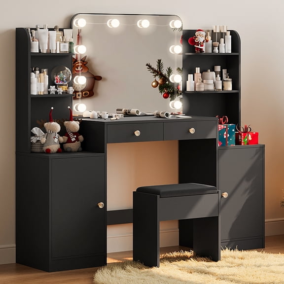 makeapile 53-inch Wide Large Vanity Set with Stool and Power Outlet Large vanity with mirror and lighting Three lighting modes Ten brightness levels Ideal for bedrooms Black