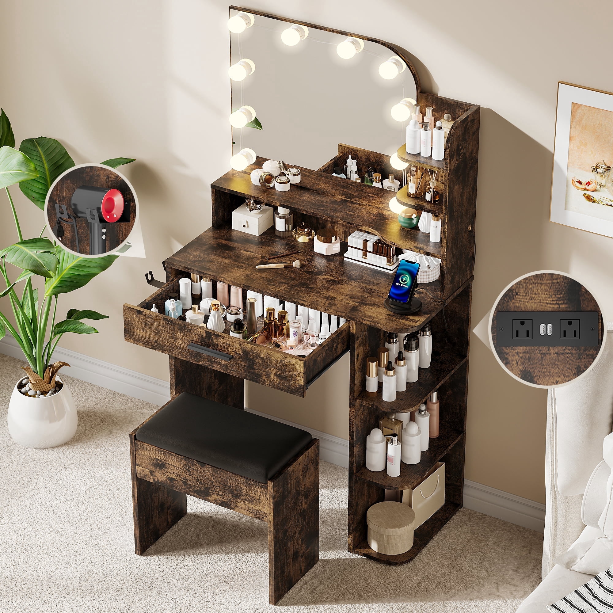 makeapile Makeup Vanity with Chair, Small Vanity Desk with Mirror , Lights 3 Colors and Power Outlet, Compact Vanity Table for Small Space, Vintage Brown