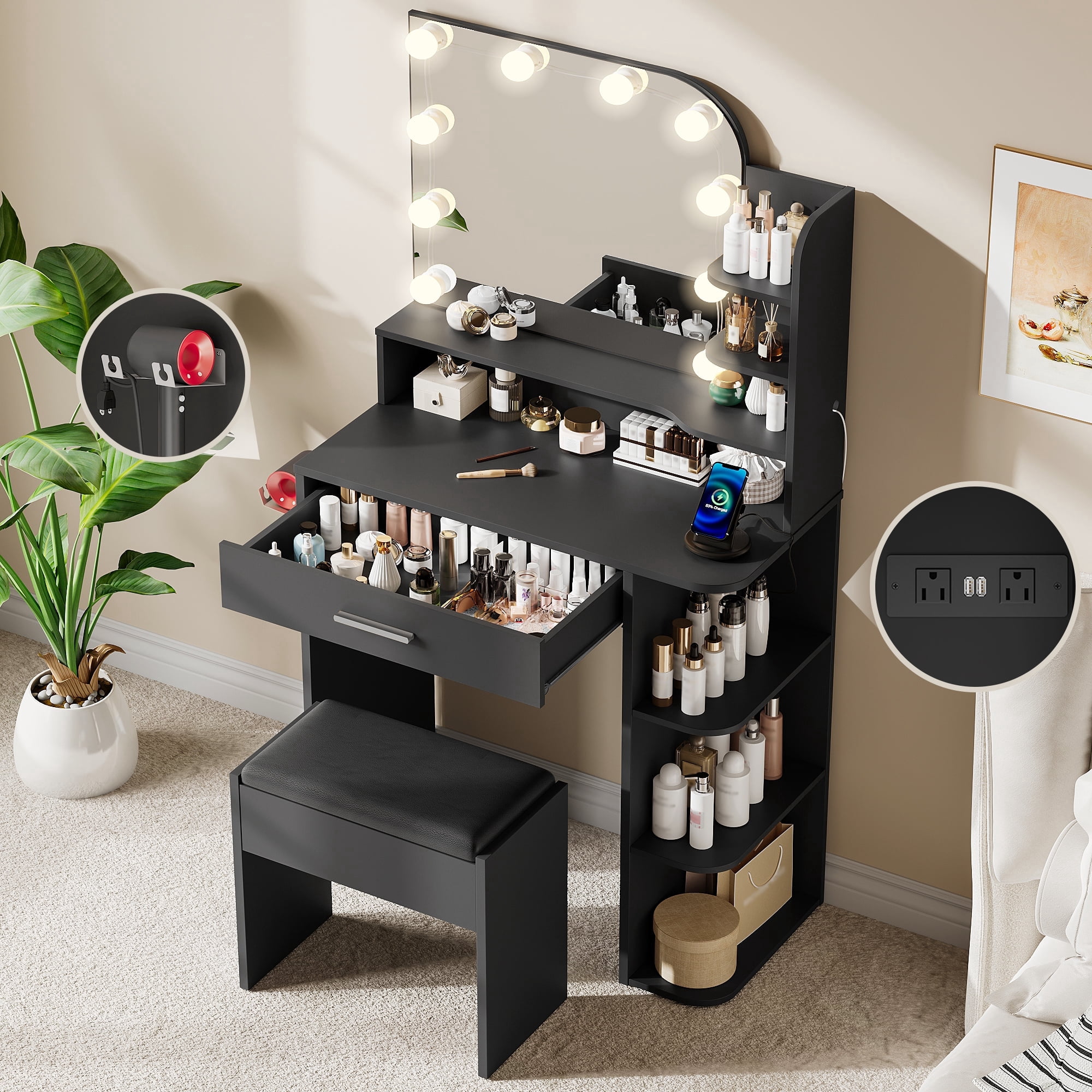 makeapile Makeup Vanity with Chair, Small Vanity Desk with Mirror , Lights 3 Colors and Power Outlet, Compact Vanity Table for Small Space, Black