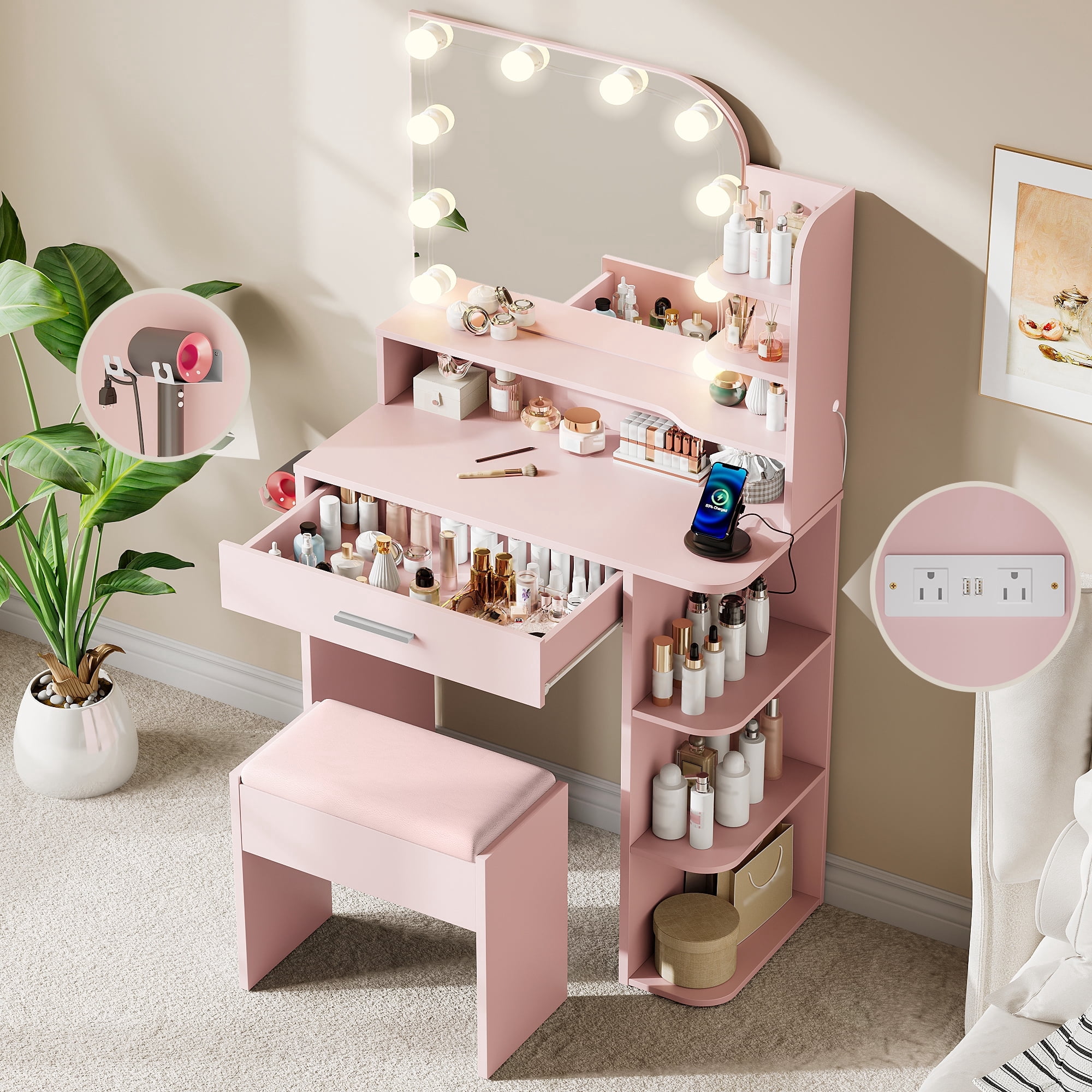 makeapile Makeup Vanity with Chair, Small Vanity Desk with Mirror , Lights 3 Colors and Power Outlet, Compact Vanity Table for Small Space, Pink