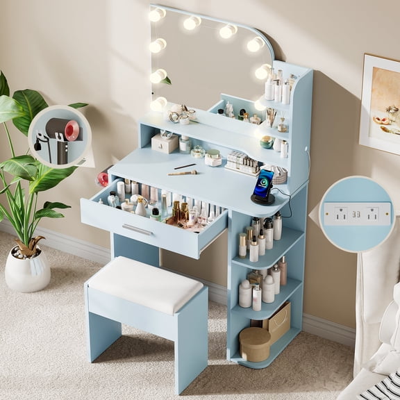 makeapile Makeup Vanity with Chair, Small Vanity Desk with Mirror , Lights 3 Colors and Power Outlet, Compact Vanity Table for Small Space, Sky Blue