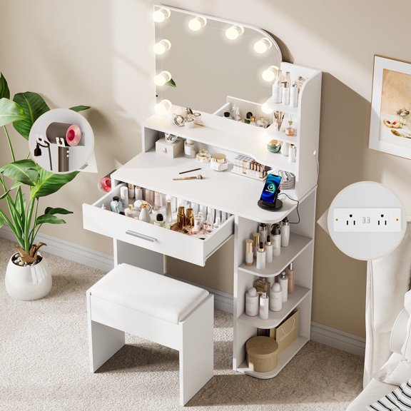 makeapile Makeup Vanity with Chair, Small Vanity Desk with Mirror , Lights 3 Colors and Power Outlet, Compact Vanity Table for Small Space, White