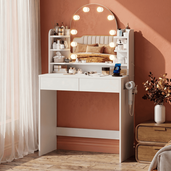 makeapile Round mirrored vanity with power outlet and light, white