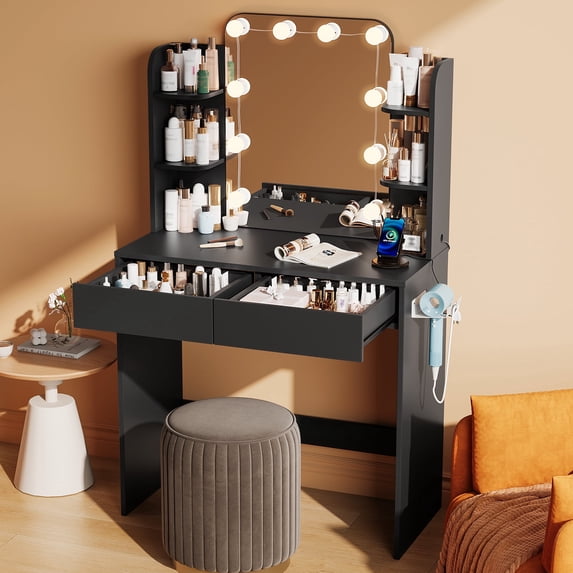 makeapile Small Vanity Desk with Mirror and Power Outlet, Featuring Three Adjustable Light Colors Each with 10 Brightness Levels. Space-saving Design For Small Areas. Black.