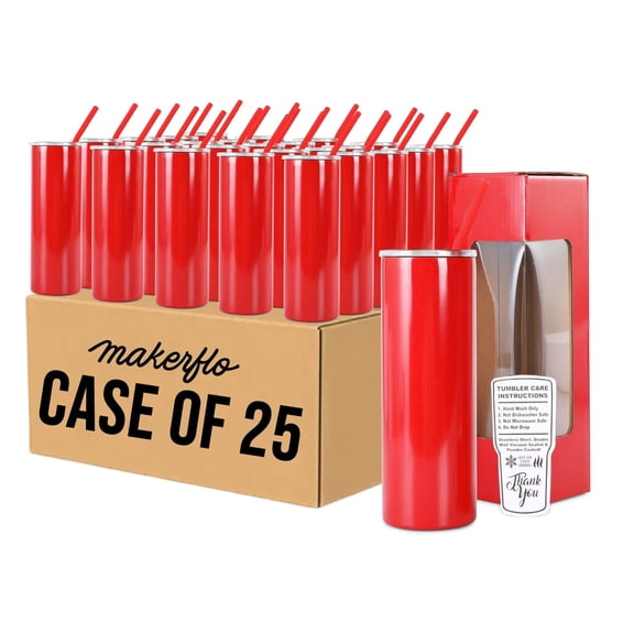 makerflo 20oz Skinny Powder Coated Glossy Tumbler with Handle Option  Leak-Proof Lid, Silicone Straw & Gift Box  Customizable with Laser Engraving, UV Printing, Epoxy & UV DTF (Red)