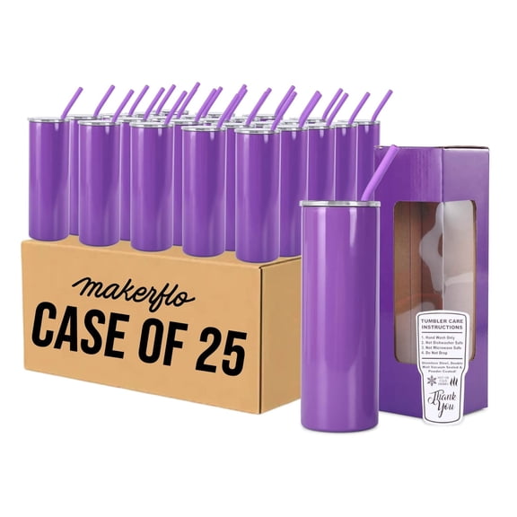 makerflo 20oz Skinny Powder Coated Glossy Tumbler with Handle Option  Leak-Proof Lid, Silicone Straw & Gift Box  Customizable with Laser Engraving, UV Printing, Epoxy & UV DTF (Purple)