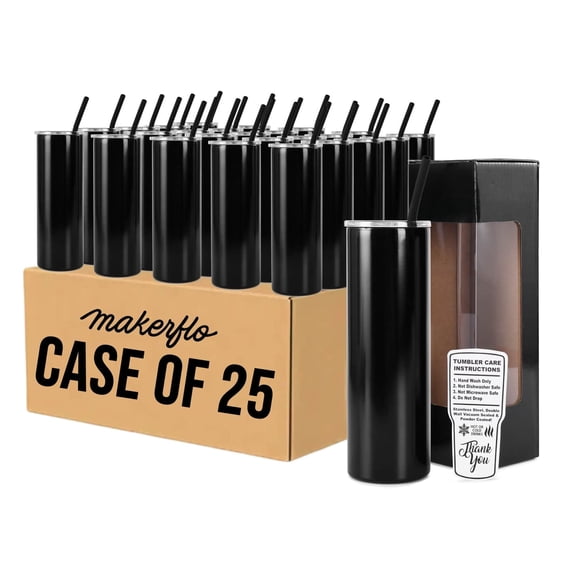 makerflo 20oz Skinny Powder Coated Glossy Tumbler with Handle Option  Leak-Proof Lid, Silicone Straw & Gift Box  Customizable with Laser Engraving, UV Printing, Epoxy & UV DTF (Black)