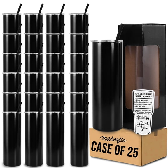 Makerflo 20oz Skinny Powder Coated Glossy Tumbler with Handle Option – Leak-Proof Lid, Silicone Straw & Gift Box – Customizable with Laser Engraving, UV Printing, Epoxy & UV DTF (Black) Case of 25