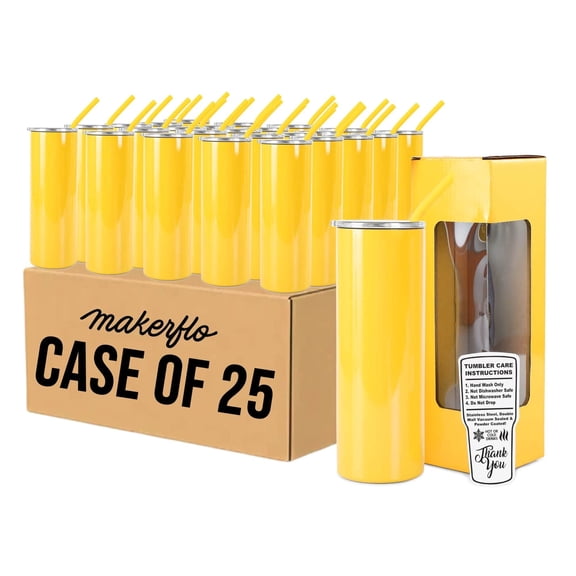 makerflo 20oz Skinny Powder Coated Glossy Tumbler with Handle Option  Leak-Proof Lid, Silicone Straw & Gift Box  Customizable with Laser Engraving, UV Printing, Epoxy & UV DTF (Yellow)