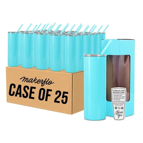 makerflo 20oz Skinny Powder Coated Glossy Tumbler with Handle Option  Leak-Proof Lid, Silicone Straw & Gift Box  Customizable with Laser Engraving, UV Printing, Epoxy & UV DTF (Teal)