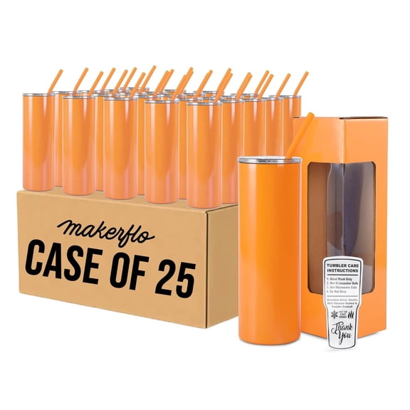 makerflo 20oz Skinny Powder Coated Glossy Tumbler with Handle Option  Leak-Proof Lid, Silicone Straw & Gift Box  Customizable with Laser Engraving, UV Printing, Epoxy & UV DTF (Orange)