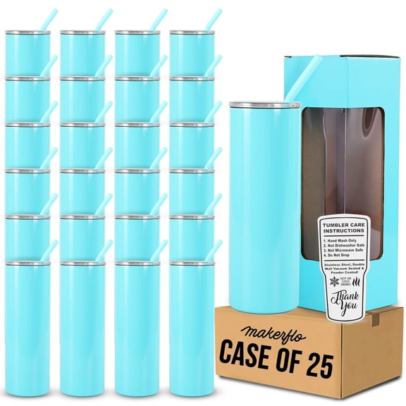 Makerflo 20oz Skinny Powder Coated Glossy Tumbler with Handle Option – Leak-Proof Lid, Silicone Straw & Gift Box – Customizable with Laser Engraving, UV Printing, Epoxy & UV DTF (Teal) Case of 25