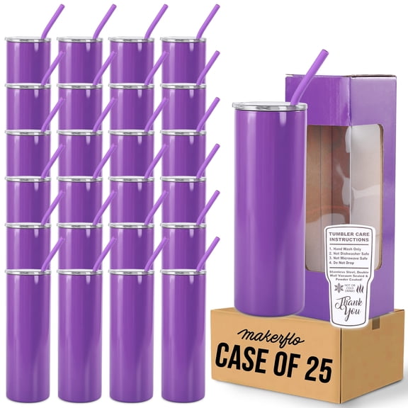 Makerflo 20oz Skinny Powder Coated Glossy Tumbler with Handle Option – Leak-Proof Lid, Silicone Straw & Gift Box – Customizable with Laser Engraving, UV Printing, Epoxy & UV DTF (Purple) Case of 25