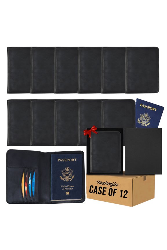 Black Laserette Passport Holder Wallet Case of 12, 6" x 4.4" RFID Travel Document Holder with Card & Cash Slots, Vegan Leather Passport Cover, Ideal Blank for - Laser Engraving