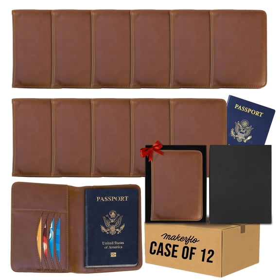 Makerflo Brown Laserette Passport Holder Wallet Case of 12, 6" x 4.4" RFID Travel Document Holder with Card & Cash Slots, Vegan Leather Passport Cover, Ideal Blank for - Laser Engraving