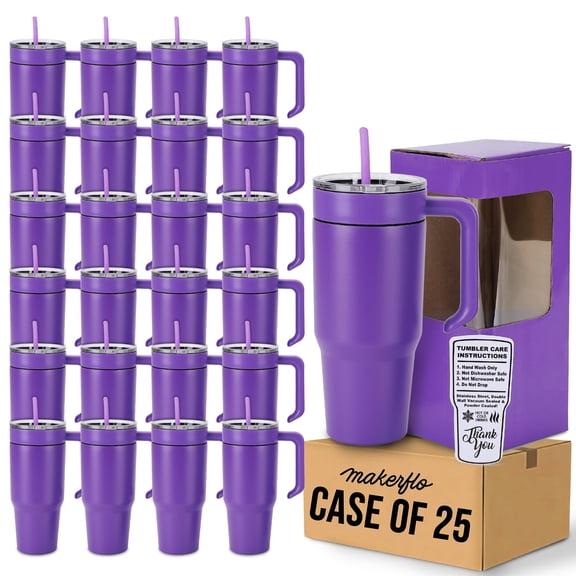 makerflo MakerTwist 30oz Powder Coated Tumbler + Handle, Purple Case of 25 Patented Twist-On Handle Design, Laser Engraving & UV Printing Ready, 304 Stainless Steel, Leak-Proof Lid, Straw, Gift Boxed