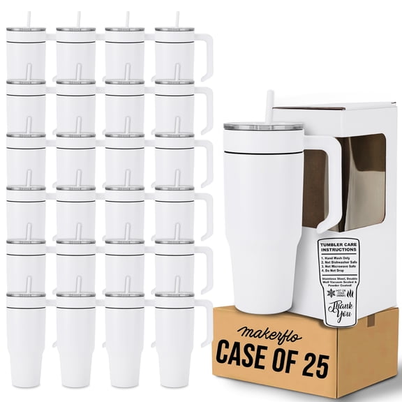 makerflo MakerTwist® 30oz Powder Coated Tumbler + Handle, White Case of 25 Patented Twist-On Handle Design, Laser Engraving & UV Printing Ready, 304 Stainless Steel, Leak-Proof Lid, Straw, Gift Boxed