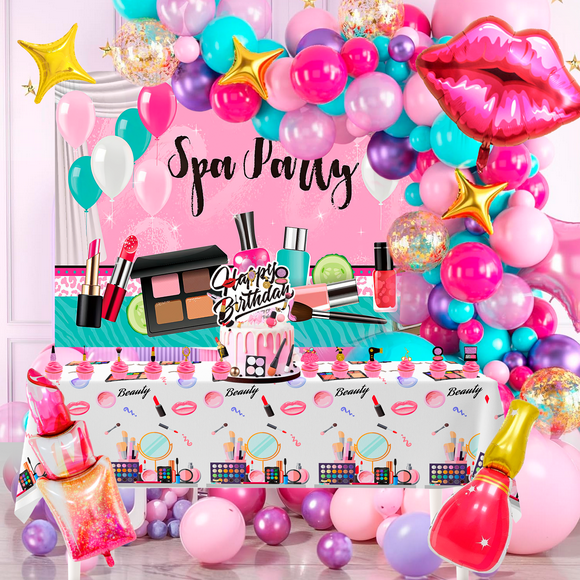 Makeup Birthday Party Decorations, 101 Pcs Spa Birthday Party Decorations - Spa Party Balloons Backdrop Cake Toppers Tablecloth etc Spa Party Decorations for Girls Spa Party Supplies