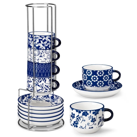 MALACASA Porcelain Stackable Mug Set of 6 with Iron Rack, 8oz/4.4-inch Blue Floral Coffee Mugs, Microwave Dishwasher Safe, Series SELENE