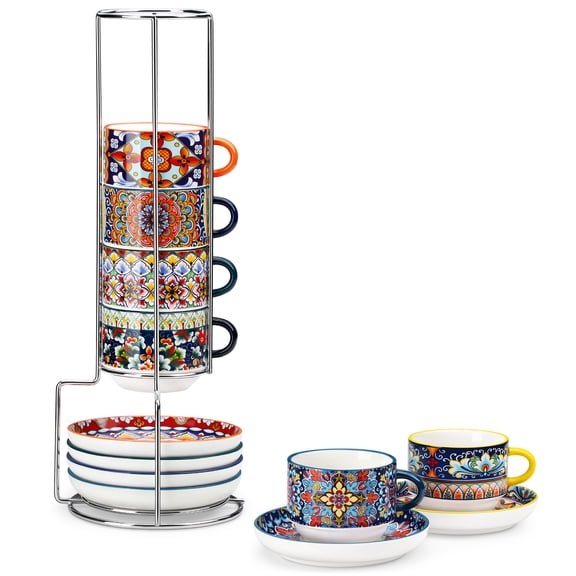 malacasa Coffee Mug Set, 8oz Porcelain Stackable Espresso Cups with Saucers and Metal Stand, Espresso Mugs Cups Set of 6, Microwave Dishwasher Safe