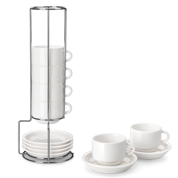 MALACASA Coffee Mug Set, Espresso Mugs Cups Set of 6, 8oz Porcelain Stackable Espresso Cups with Saucers and Metal Stand for Cappuccino, Coffee Drinks, Latte, Tea