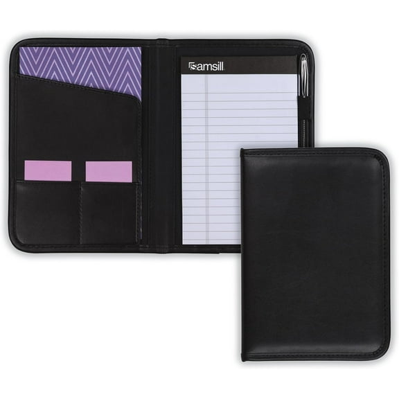 mall Portfolio Organizer, A5 Zippered Buine Portfolio, Junior Padfolio Folder Binder for Women & Men, 5 x 8 Writing Pad Included, Black